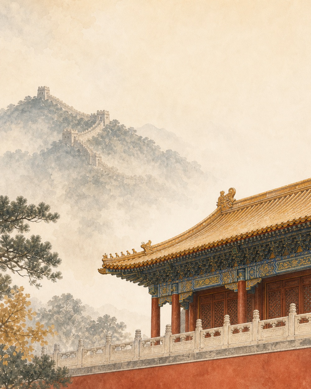 Beijing heritage landmarks in a refined watercolor style