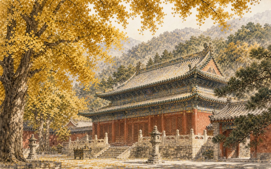 Ancient ginkgo tree and temple hall at Tanzhe Temple in Beijing